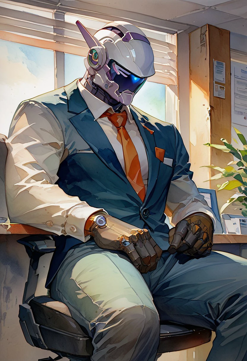 sollyz, by sollyz,score_9, score_8_up, score_7_up,solo,male focus,sp_mecha,topless,mecha,helmet,bara,wearing suits,Blazer,futuristic,office,sitting,game cg,wallpaper,watercolor \(medium\), traditional media,close up,view from below