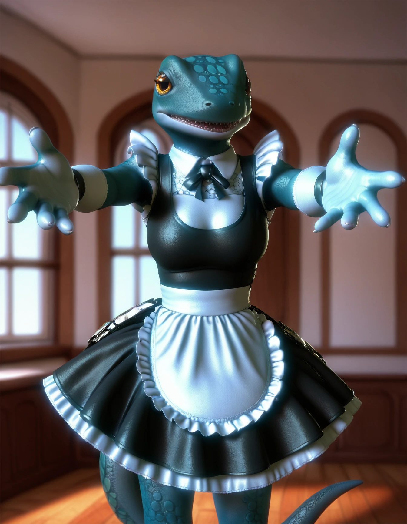 score_9, score_8_up, score_7_up, score_6_up, score_5_up, score_4_up, solo, female
Y'Gythgba, anthropomorphic reptilian,  scaled skin in shades of blue and green, lizard tail, eyelasher,  maid, maid outfit, skirt, inside home, portrait, outstretched arms, reaching reaching towards viewer
 <lora:Y'Gythgba_XL:1>