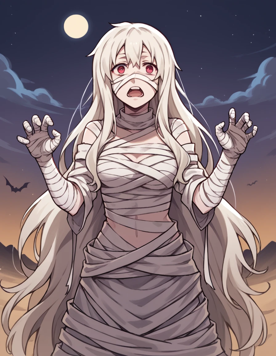 score_9, score_8_up, score_7_up, source_anime, <lora:mari-kozakura-s1-ponyxl-lora-nochekaiser:1>, mari kozakura, long hair, red eyes, very long hair, white hair, medium breasts,, <lora:mummy-costume-ponyxl-lora-nochekaiser:1>, mummy costume, bandages, halloween costume, bandaged arm, zombie pose, bandage on face,, desert, moon, night, open mouth, , dutch angle, cowboy shot