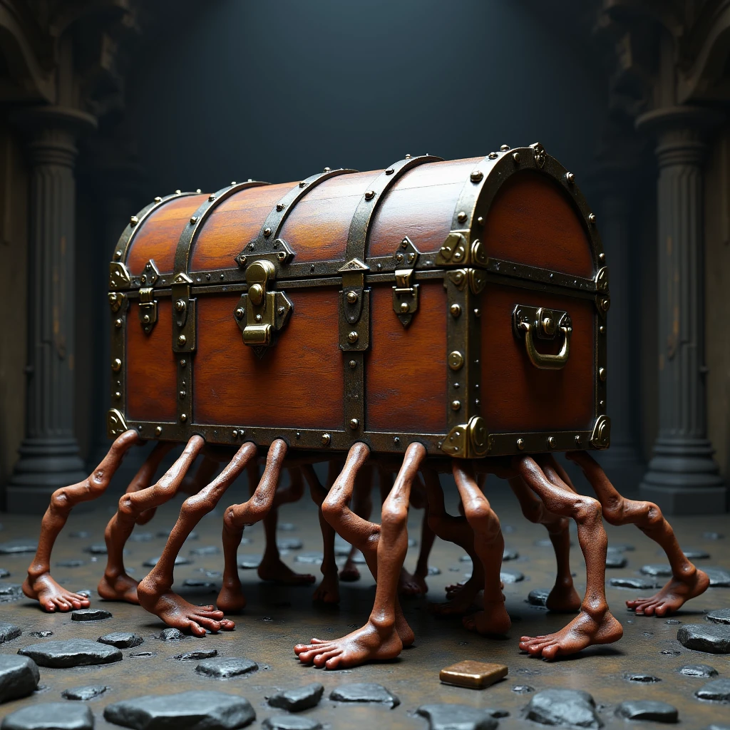 Imagine a photorealistic image in a dark and horrifying obsidian temple dedicated to a spider god of a large, wooden chest known as The Luggage, with a distinctly sentient and somewhat menacing appearance. The chest is covered in riveted brass fittings, with a sturdy, curved lid and a well-worn, rich wood texture. Instead of standing still, The Luggage moves on dozens of very small, squat, muscular human legs with bare feet that protrude from its underside. These legs are splayed out in a chaotic, determined manner, giving the impression that The Luggage is in mid-stride, almost charging forward.