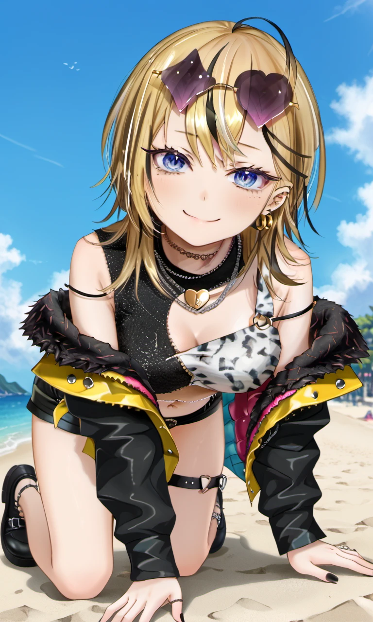 all fours, myaonarumi, blue eyes, blonde hair, multicolored hair, hoop earrings, ear piercing, eyewear on head, sunglasses, heart lock necklace, one shoulder top, jacket, navel, leather shorts, painted nails, thigh strap, chunky sole, black footwear, 