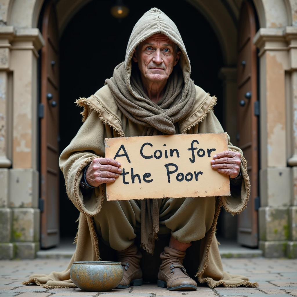 Imagine a photorealistic image of a beggar from the Beggar’s Guild positioned against the arched doorway of an official building, dressed in layers of shabby clothing with frayed edges and a large, floppy cap that obscures most of their face. They hold a sign scrawled with the words ‘A Coin for the Poor,’ and their weathered hands clutch a chipped ceramic bowl. Their posture is slouched but watchful, and the imposing government doors behind them contrast sharply with their worn, pitiful figure.