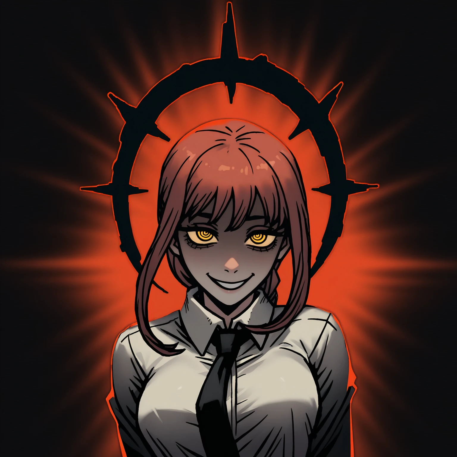 masterpiece, best quality, very aesthetic, absurdres BREAK
1girl, makima \(chainsaw man\), yellow eyes, ringed eyes, glowing eyes,
affliction, black halo, evil smile,
upper body, solo, red background, black background  <lora:AfflictionIllustriousXL_byKonan:1.2>