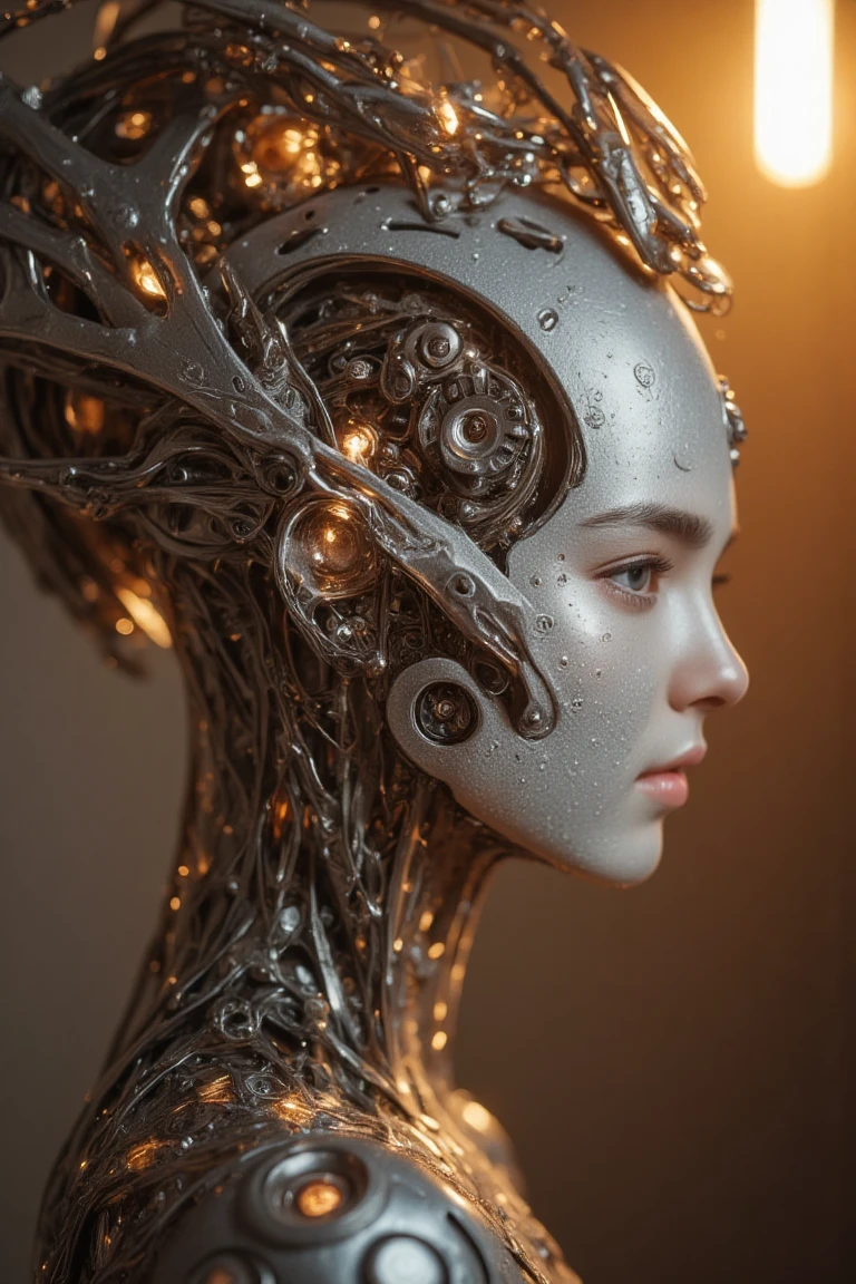 A mechanical giril,beauty face,bokeh,golden hour