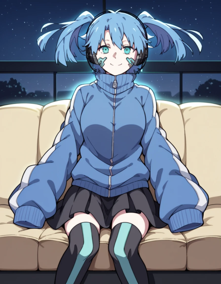 score_9, score_8_up, score_7_up, source_anime, <lora:takane-enomoto-s1-ponyxl-lora-nochekaiser:1>, takane enomoto, blue eyes, twintails, blue hair, medium breasts,, skirt, thighhighs, jacket, sleeves past wrists, headphones, sleeves past fingers, track jacket,, living room, television, couch, popcorn, watching movie, night time, sitting,, smile, smile, looking at viewer, solo,, dutch angle, cowboy shot