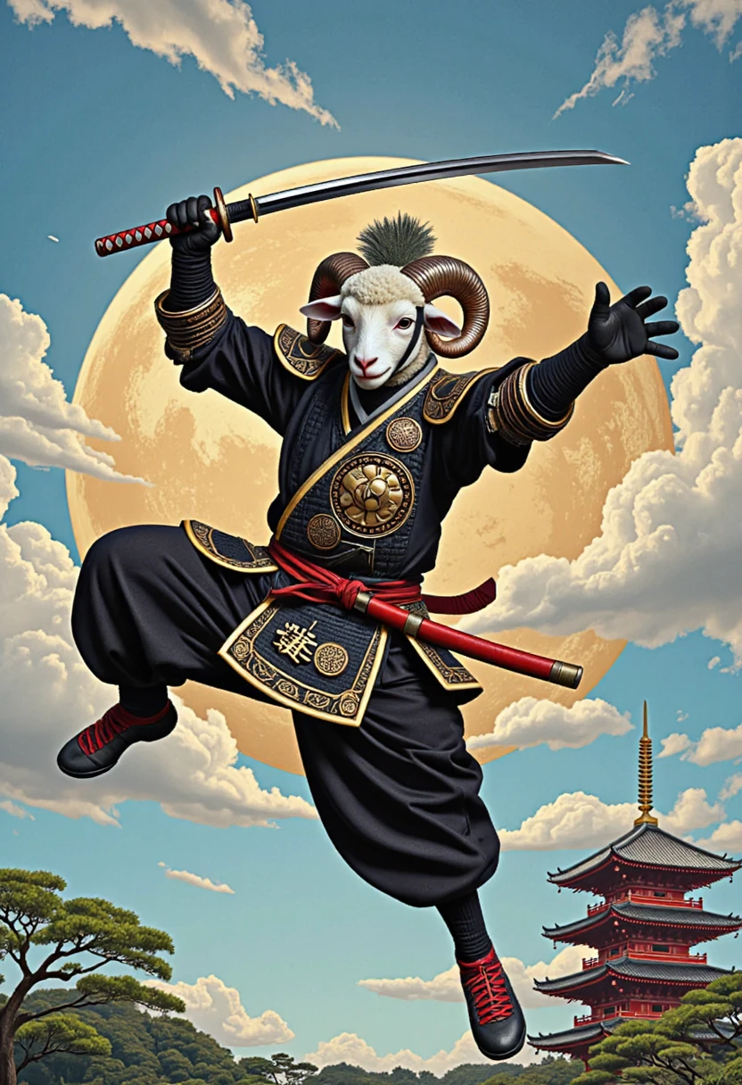 anthropomorphic Lamb ninja warrior leaping about wielding a samurai sword.