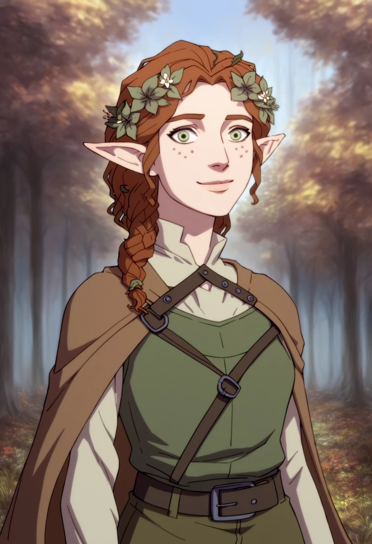 score_9, score_8_up, score_7_up, BREAK,
1girl, medieval fantasy, portrait, solo, tgreen eyes, freckles, female druid, leaf laurel wreath, hair flower, elf, simple tunic, brown robe, wood, dirty clothes, skirt, cape, pants, leather belt, buckle,
gentle smile, forest, flowers, trees, outdoors, nature,  outdoors, nature, looking at viewer    <lora:FantasyWesternAnimation_YoungJusticeDCAMU_v2:1>