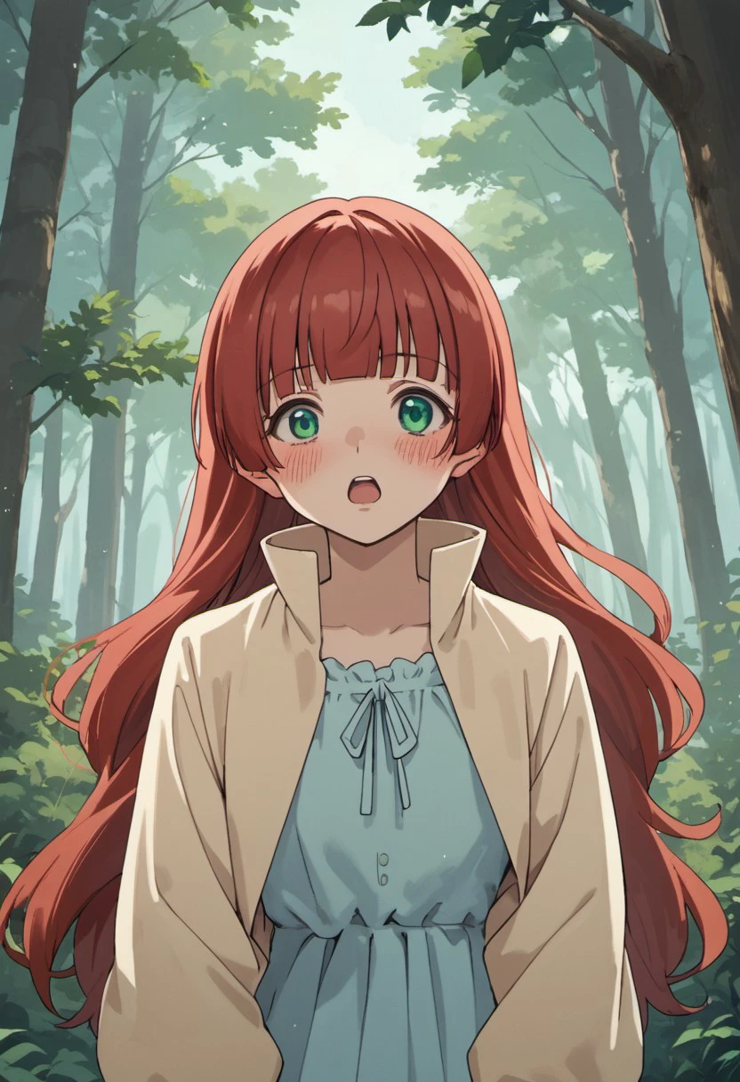 score_9, score_8_up, score_7_up, source_anime, airi, long hair, red hair, green eyes, 1girl, blush, solo, open mouth, tree, blunt bangs, :o, forest