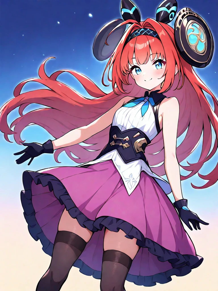 ,lishenna\(shadowverse\),1girl,solo,blue eyes,gloves,skirt,long hair,black gloves,sleeveless shirt,white shirt,thighhighs,smile,sleeveless,very long hair,shirt,bangs,hairband,red hair,pink skirt,frilled skirt,purple skirt,frills,bare shoulders,black thighhighs,hair intakes,headgear,ahoge,<lora:shadowverse-000004:1>, masterpiece, best quality, very aesthetic, absurdres