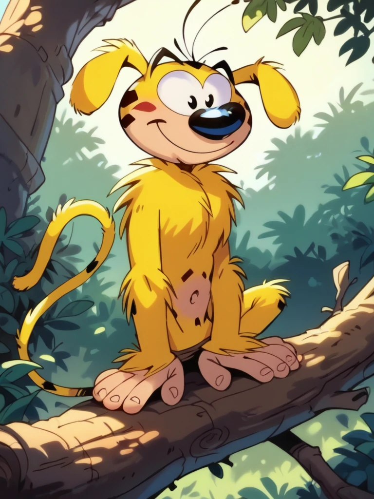 score_9, score_8_up, score_7_up, 1boy, sitting on a tree, vegetation, smile, cute, leafs, 
 <lora:AMarsupilami_character:1>,Marsupilami, yellow skin, monkey tail, black eyes, <lora:Realistic_2.5DAnime_Merge1:0.6>,