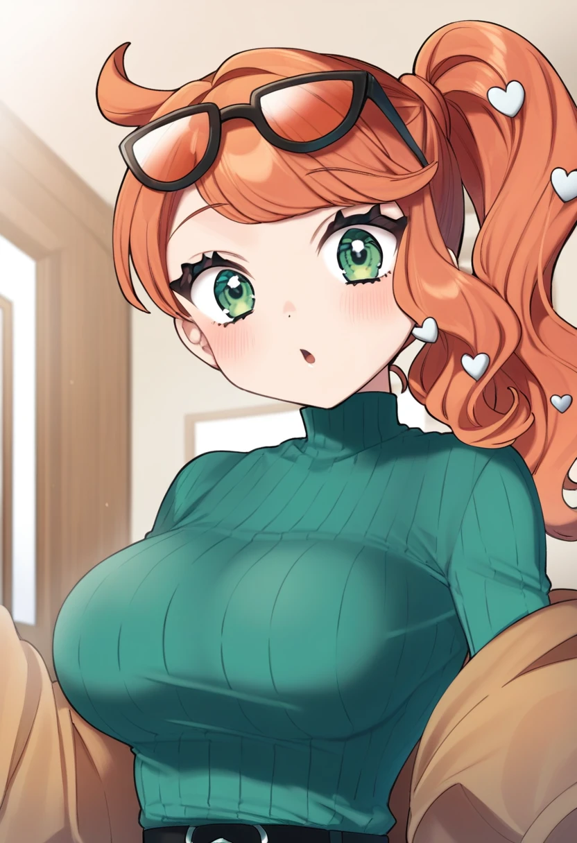 sonia pokemon, masterpiece, best quality, good quality, younger sister, 1girl, solo, green ribbed shirt, green eyes, side ponytail, heart hair ornament, eyewear on head, indoors<lora:clochette illustrious 003:1>