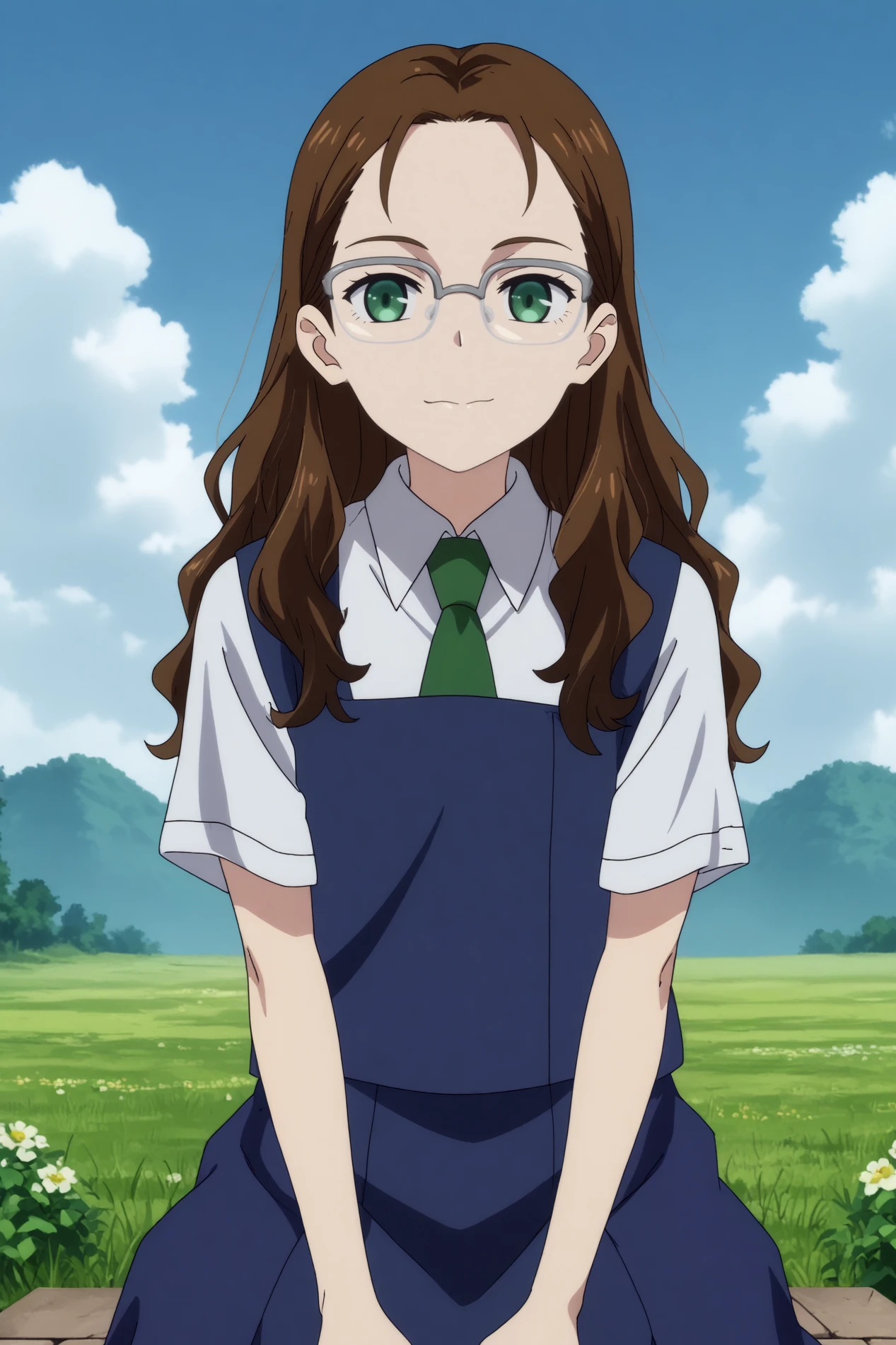 nagase koito,1girl,solo,glasses,school uniform,necktie,long hair,over-rim eyewear,shirt,smile,green necktie, short sleeves,sit,on floor,looking at viewer,cowboy_shot BREAK outdoors,blue sky,field,cloud    <lora:Nagase_Koito_-_Wonder_Egg_Priority.safetensors:0.8> <lora:detailed_backgrounds_v2.safetensors:0.5>