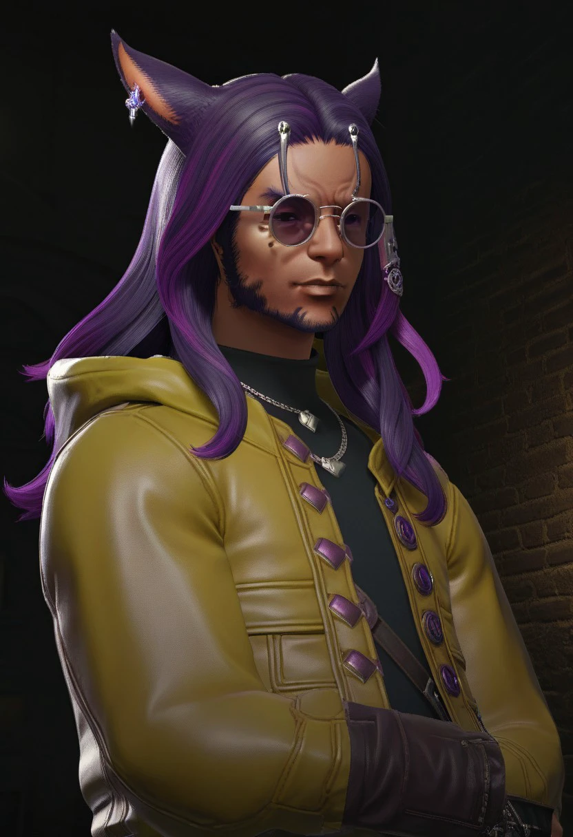 f4c32-miq0, animal ears, miqo'te, solo, sunglasses, facial hair, male focus, 1boy, cat ears, earrings, jewelry, jacket, long hair, dark skin, upper body, facial mark, glasses, tinted eyewear, black hair, purple hair, yellow jacket, cinematic lighting, cinematic angle, best quality, masterpiece