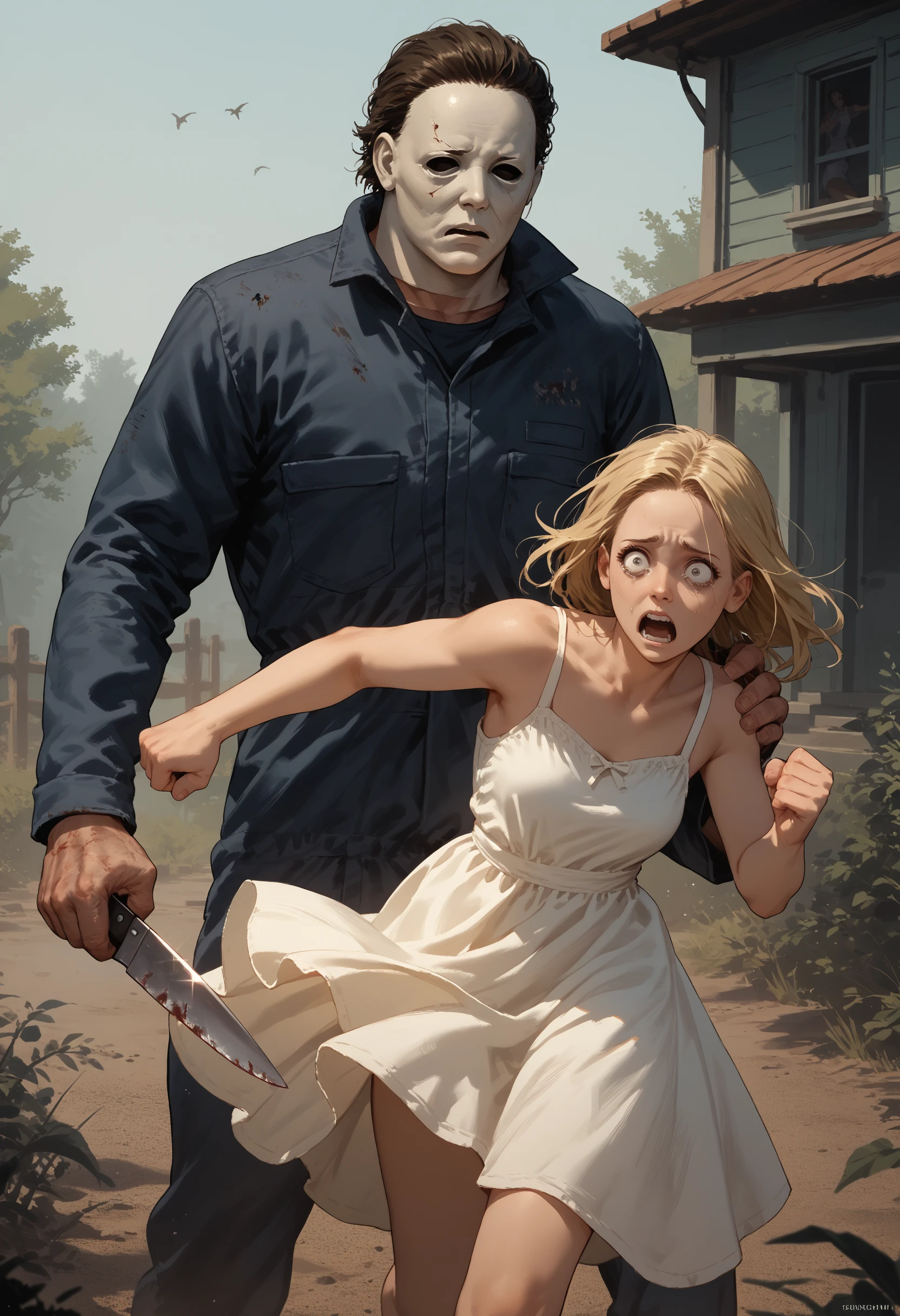 score_9, score_8_up, score_7_up, score_6_up, 1boy, mask, jumpsuit, monster holding knife,
1girl, blonde hair, sundress,
scared, running away from monster, cowboy shot, 
<lora:michael_myers_v0.2-pony:1>