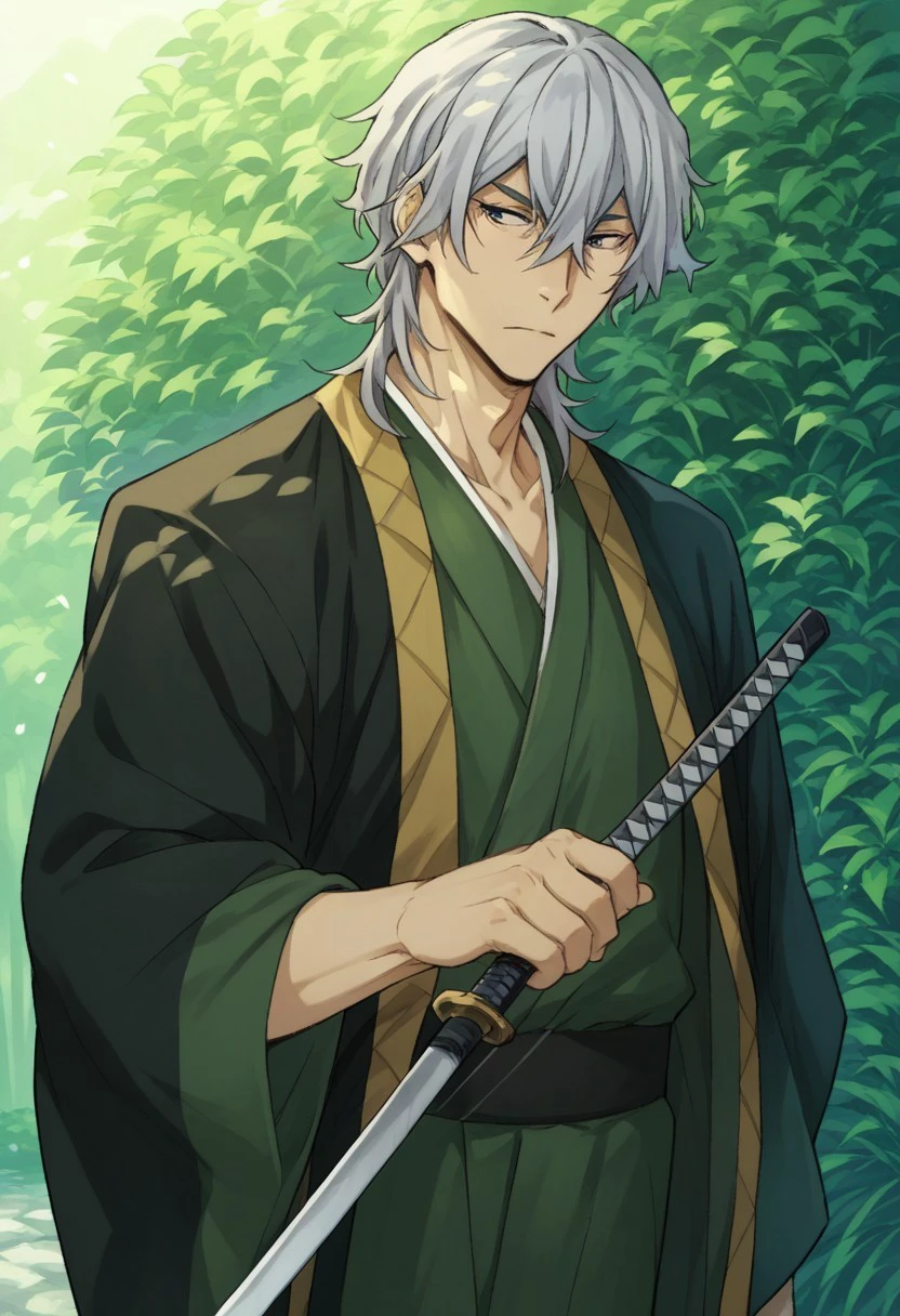 score_9, score_8_up, score_7_up, source_anime, highly detailed, 

yukichi, 1boy, male focus, solo, grey hair, hair between eyes, grey eyes, japanese clothes, kimono, green kimono, haori,  
weapon, sword, katana, sheath, sheathed,

outdoor,