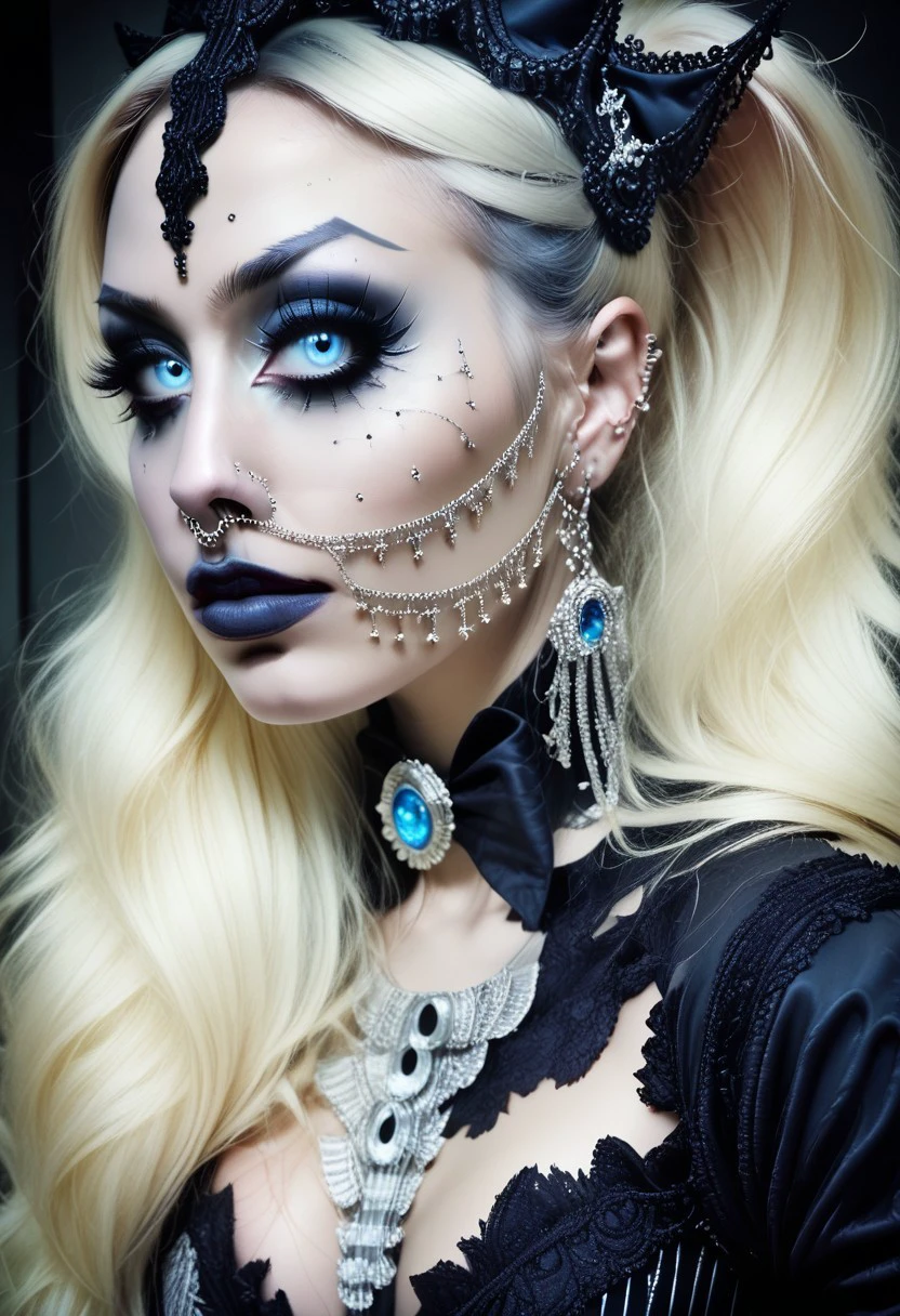 concept art, realistic, dark theme, low light. 1girl, solo.
Gorgeous sexy female. Beautiful feminine face, ((Portrait)),
Long Lush Blonde hair, Blue eyes. 
Sexy makeup, ((NoseToEar)).
((Gothic)),