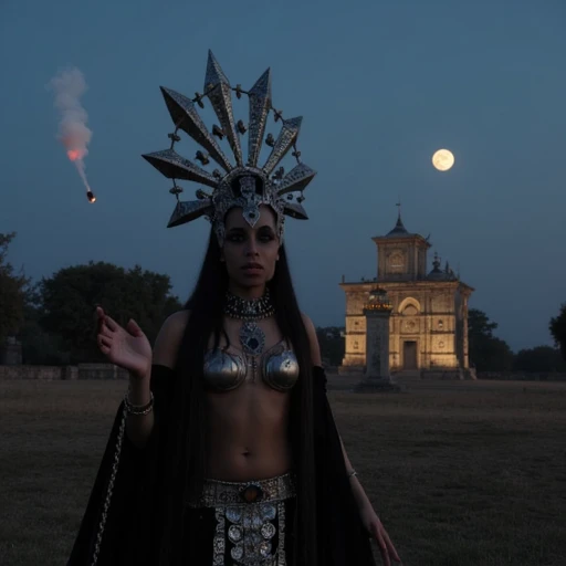 akasha the queen of the damned outside of an old temple, a firebond at the side and the old temple in the background,theres a full moon on the sky