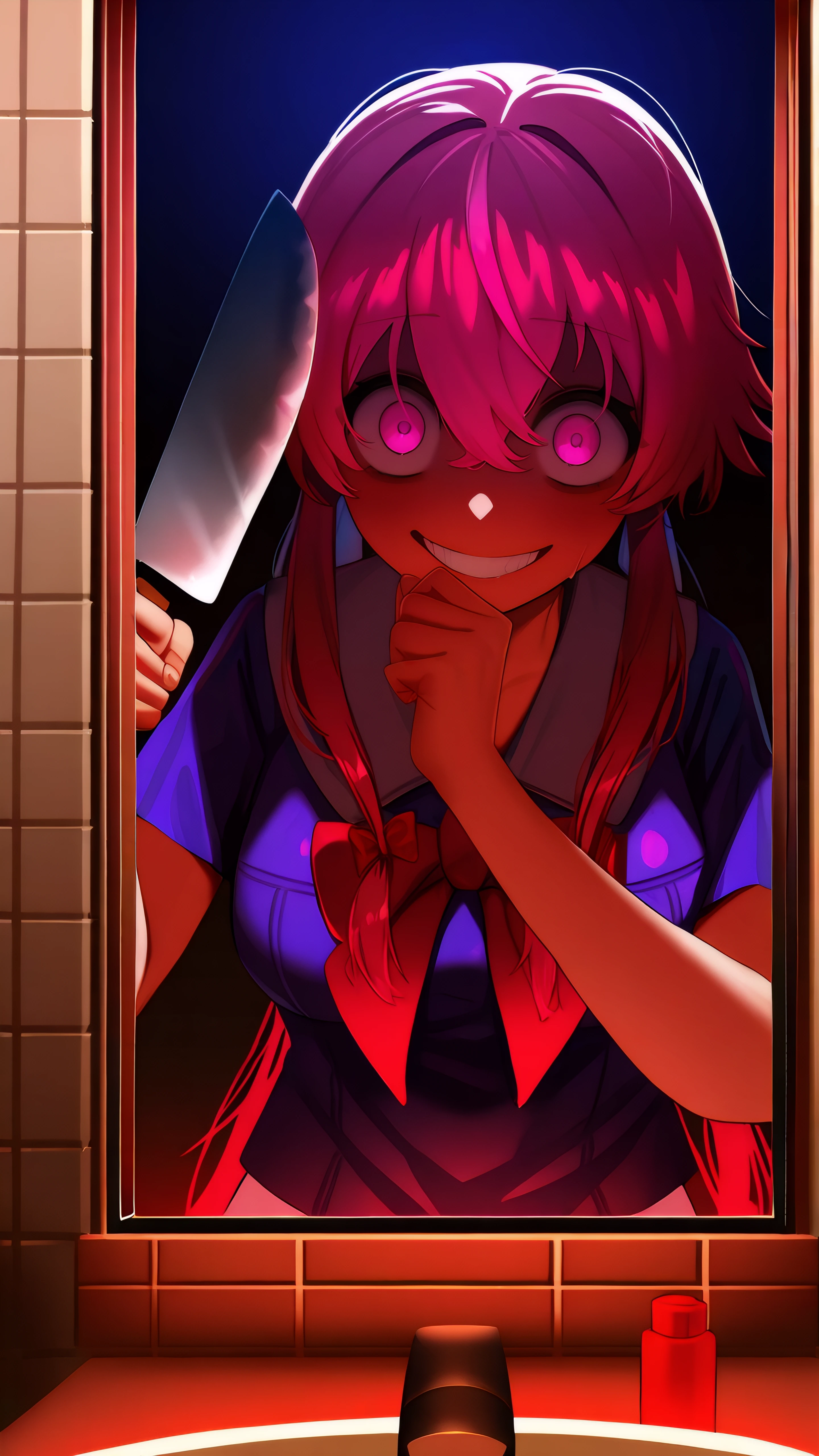 masterpiece, best quality, very aesthetic, absurdres, BREAK, 1girl, looking at viewer, (face), extreme close-up, upper body, 
<lora:Yuno_Gasai_Illu_Dwnsty:1>, yuno_gasai, pink eyes, pink hair, long hair, low twintails, sidelocks, red hair bow, yandere, school uniform, blue shirt, serafuku, red bowtie,
medium breasts, crazy smile, holding knife, kitchen knife, wide-eyed, glowing weapon, reflection,hand up,
night, horror \(theme\), backlighting, novel illustration, bathroom, mirror, white tiles,