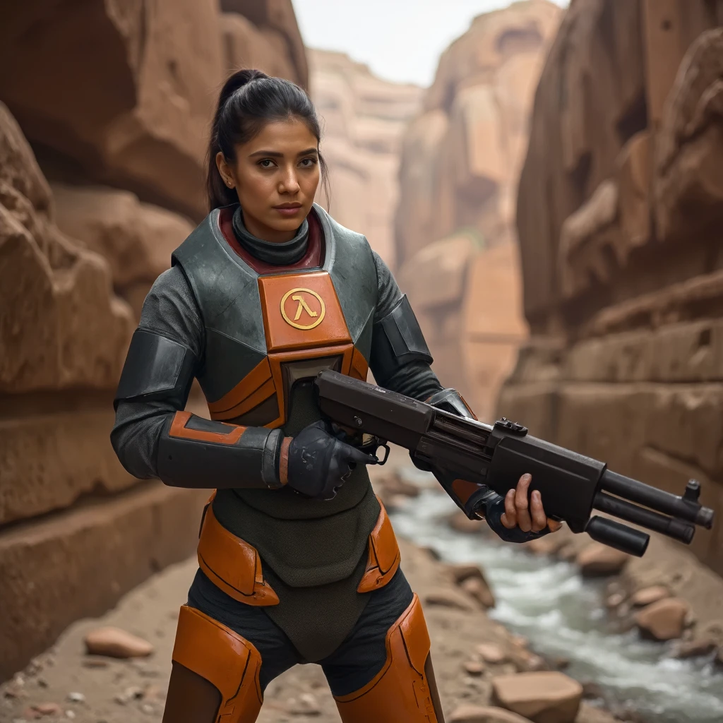 woman in hev suit in a central america canyon, holding shotgun, half body shot.