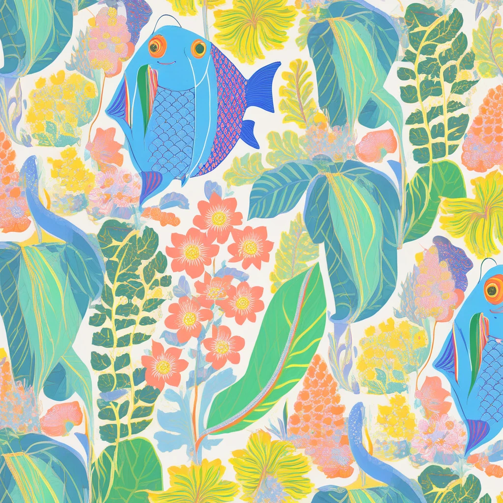 primary, pastel, fish, big leaves, flowers, constrast