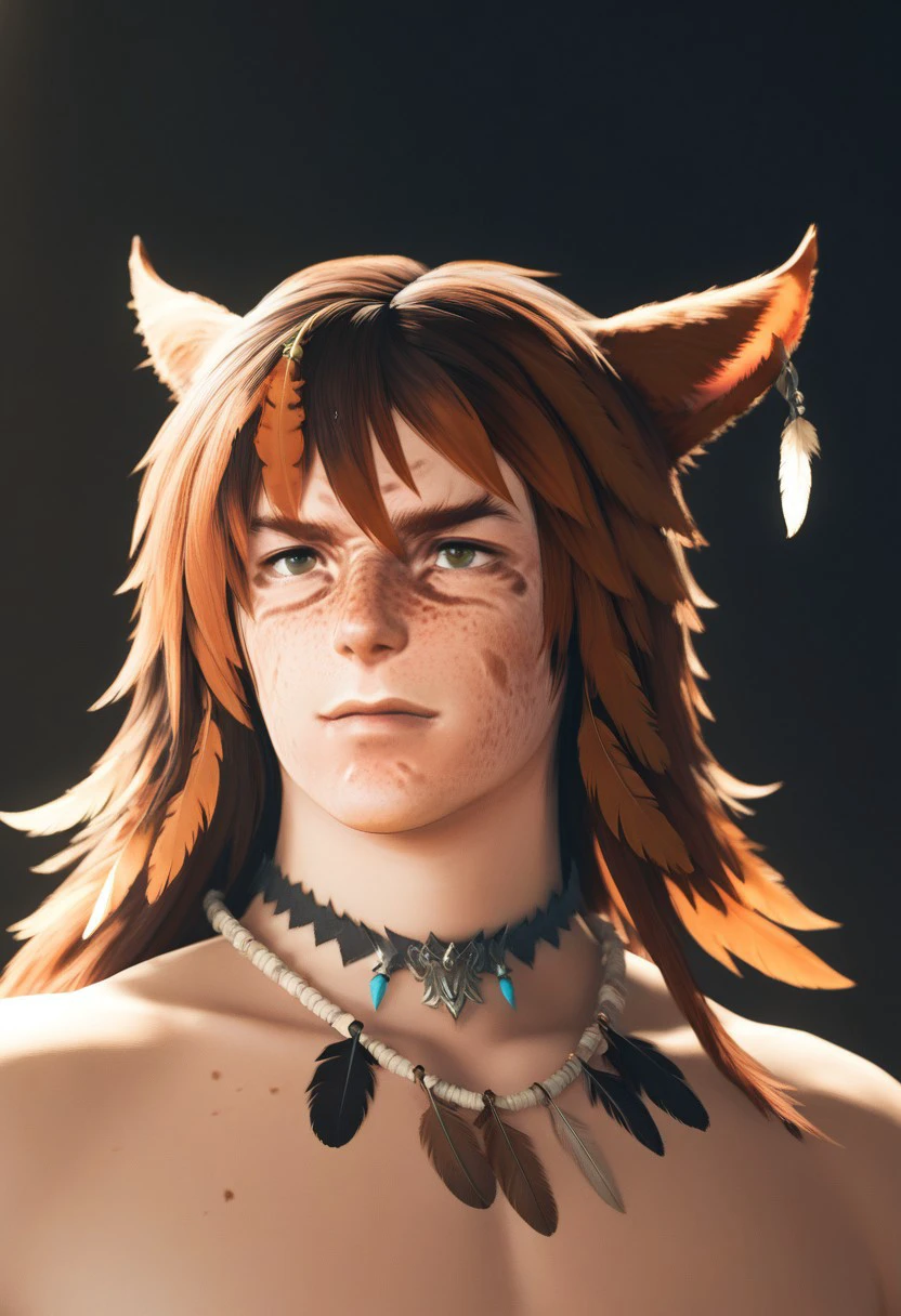 f4c32-miq0, solo, 1boy, male focucs, animal ears, miqo'te, freckles, cat ears, portrait, choker, hair ornament,  long hair, bangs, feathers, cinematic lighting, cinematic angle, best quality, masterpiece