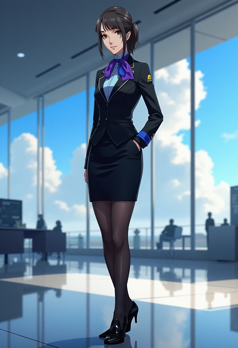 A detailed solo portrait of togo_hifumi
Anime style, sharp, high contrast and highly detailed.,
 <lora:persona5_shiho_suzui_flux_1_2-000012:0.9> shiho suzui
She is standing in a futuristic airport, with sunshine, blue sky and white cloud in the background. She wears a sleek and professional airline attendant uniform inspired by Japanese aesthetics, similar to the uniforms of ANA (All Nippon Airways). The uniform should consist of a tailored black jacket with a subtle sheen, featuring a structured, fitted design with long sleeves and a single-button closure. Beneath the jacket, the attendant wears a light blue collared shirt, neatly tucked into a matching knee-length pencil skirt. Around the neck is a silk scarf in a vibrant, bold color such as purple or blue, tied elegantly to add a touch of flair and sophistication. The outfit is complemented by sheer black tights and polished black dress shoes with low heels, designed for both style and comfort. She looks mature, gentle and elegant. She is looking at the viewer with a beautiful smile.