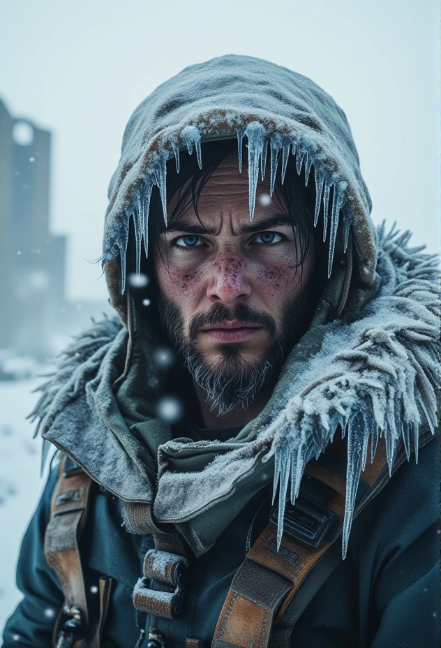 A grizzled scout with frostbitten skin in snow-covered survival gear, with icy textures on every surface. Snowflakes cling to their chapped lips and exposed skin, and a faint mist from their breath is visible in the frigid air.  In the background, snow-covered ruins of a once-bustling industrial site. The entire scene is filled with long shadows cast by the faint light reflecting off the snow.  Lighting is pale, giving everything a desolate, bluish tone.   The shot type is A dramatic close-up shot that captures every frozen detail on the character's face and gear.   Scene details include large, jagged ice formations surrounding the character.   Texture and Detail are rich with ice crystals and snow layers, enhancing the harsh, winter atmosphere.   Mood is tense and eerie, as if danger lurks in the silence. bv-fropunsty<lora:bv-frostpunk-style-v1.safetensors:1.0:1.0>