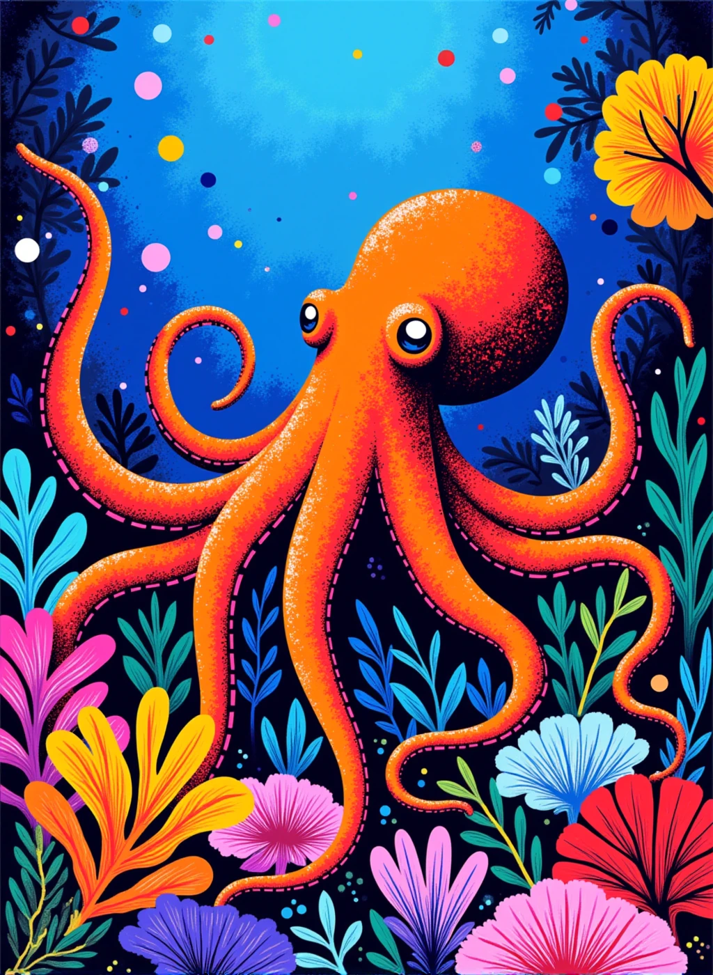 r0ygb1v style digital illustration of a detailed octopus in a sea or coral and colorful