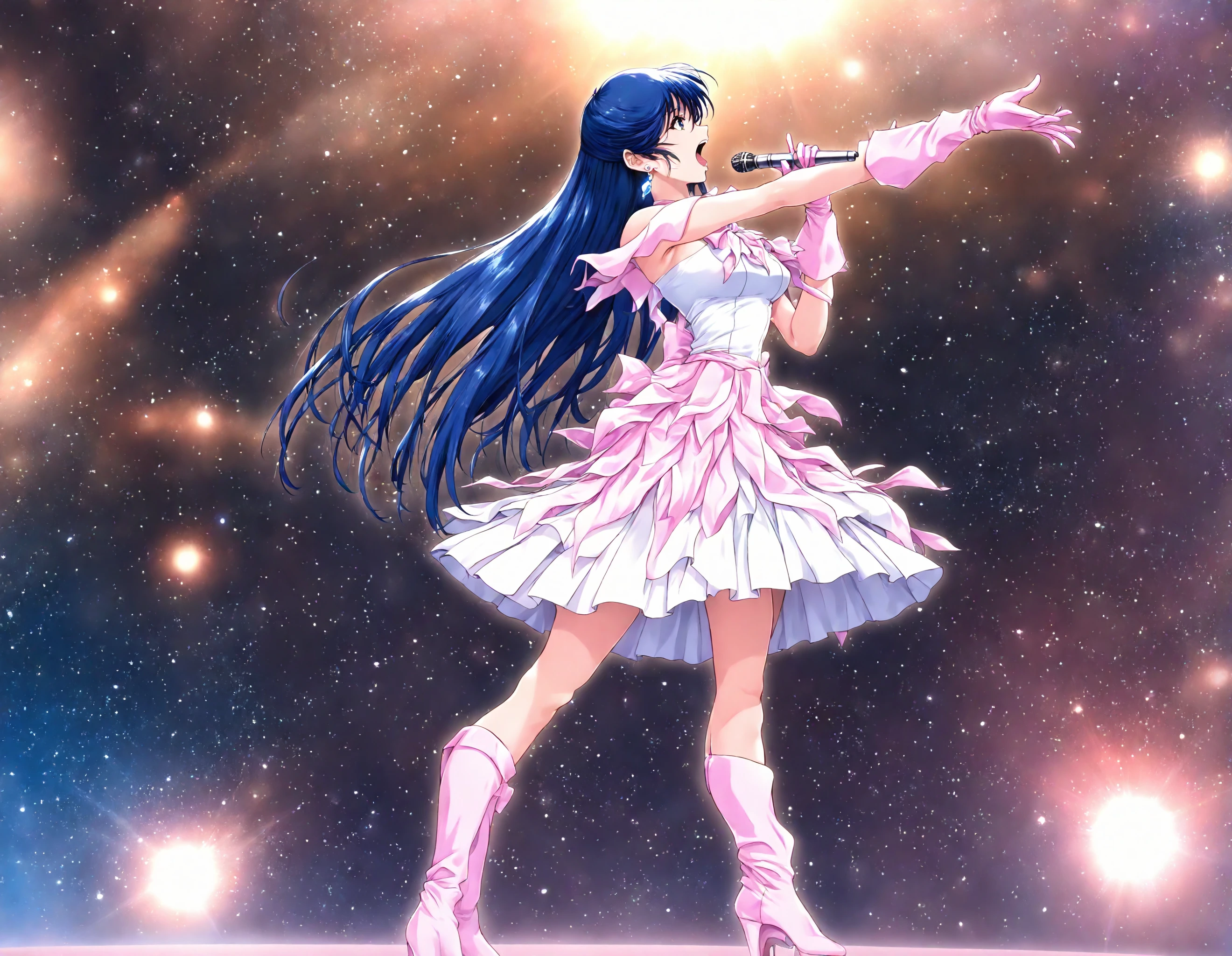 <lora:illustrious_XL_minmei:0.9>,minmei,masterpiece,best quality,good quality,newest,huge filesize,1girl,solo,idol,pink gloves,dress,boots,high heels,earrings,jewelry,microphone,music,singing,open mouth,space,science fiction,full_shot,standing,