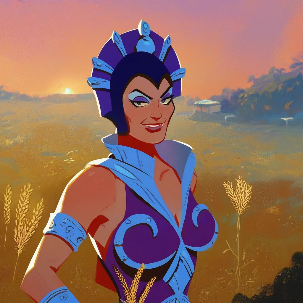 score_9, score_8_up, score_7_up, female, solo, evil_lyn, normal_skin, purple_outfit, blue_crown, bracelets,  medium breasts, outdoors, sunset, garden, village, looking at viewer, smile, wheat field, eyeshadow