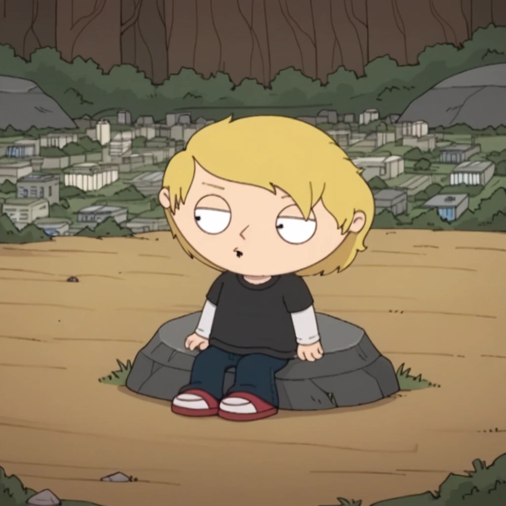 score_9_up, score_8_up, BREAK, ZachSawyer, 1boy, solo, blonde hair, short hair, black eyes, black shirt, pants, red footwear, full body, sitting on rock, outdoors, <lora:ZachSawyer_FamilyGuy_PXL_Leaf1:1>,