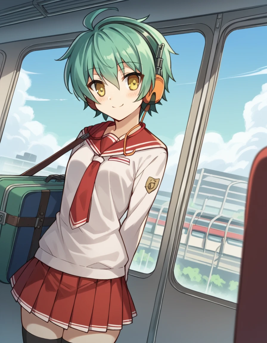 score_9, score_8_up, score_7_up, source_anime, <lora:hidannoaria-reki-s1-ponyxl-lora-nochekaiser:1>, reki, yellow eyes, green hair, headphones, short hair, skirt, thighhighs, school uniform, serafuku, zettai ryouiki, white shirt, long sleeves, red sailor collar, necktie, red necktie, red skirt, pleated skirt,, train station, waiting for train, suitcase, traveling, commute, city skyline, hands behind back,, smile, hands on stomach, blush,, looking at viewer, solo,, dutch angle, cowboy shot