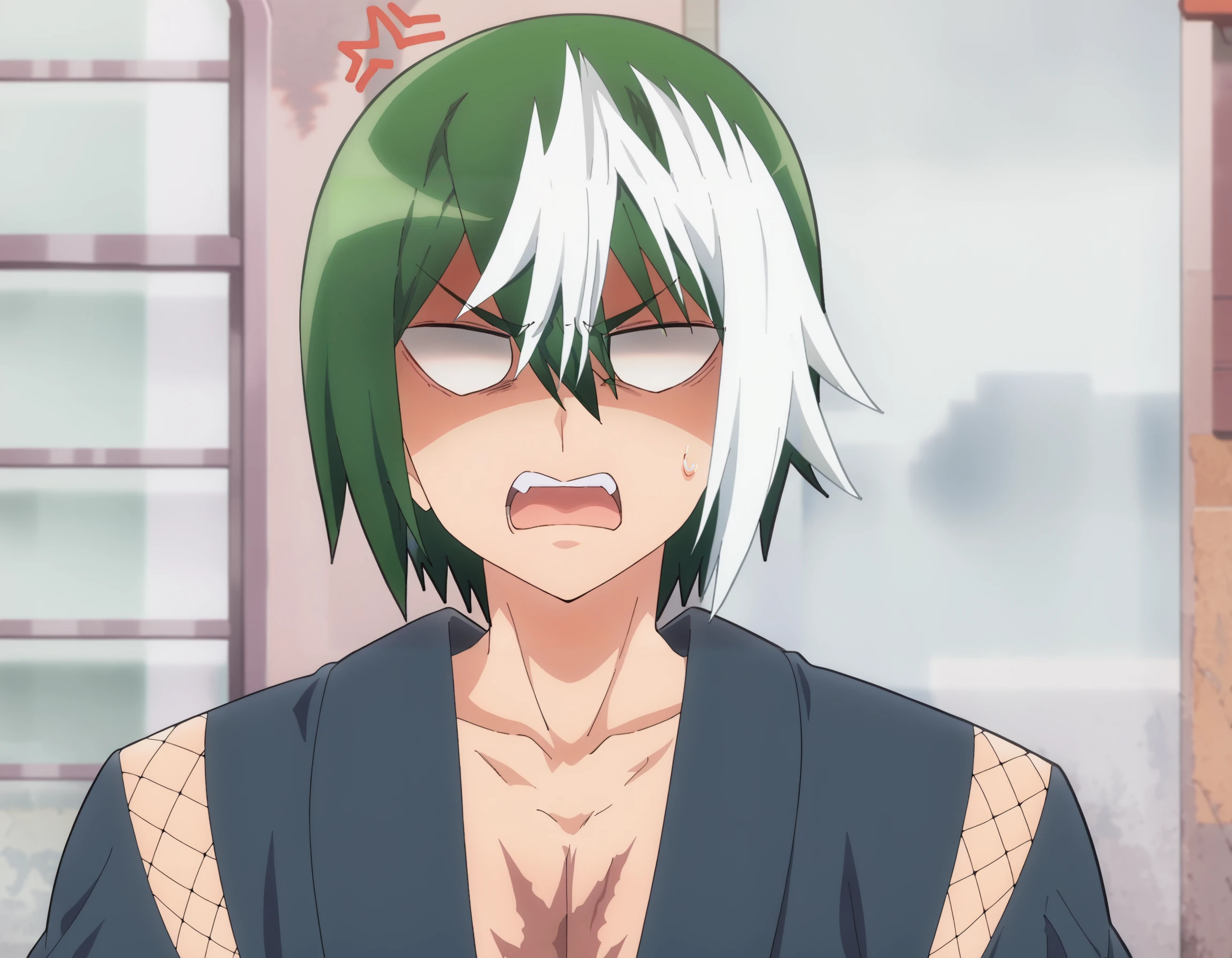 score_9, score_7_up,anime coloring ,source_anime, anime, (building:1.3), 1boy, solo, portrait, kikuru madan, short hair, green hair, two-tone hair, white hair, hair between eyes, bangs, japanese clothes, kimono, fishnets, scar on chest, blank eyes, shouting, sweatdrop, clenched hand, (anger vein), <lora:Kikuru_Madan_from_Futoku_no_Guild-000009:1>