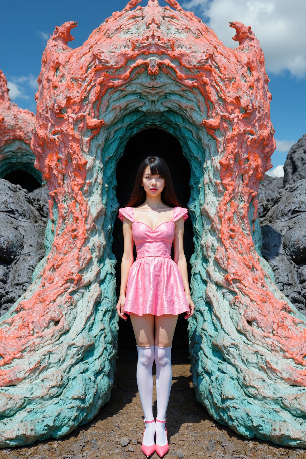 1 Asian girl with cleavage is wearing pink dress and white stockings and pink highheels, the girl stands on the ground, the lava  flows arround the girl,full body, the girl is looking at viewer, bluse sky, front view,
realistic, outdoors, masterpiece, best quality, prize winning photograph，