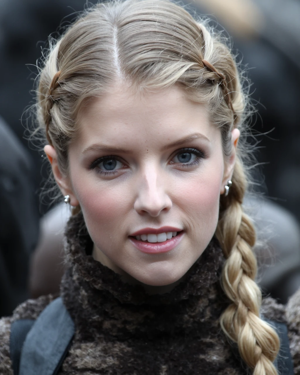 A close-up portrait of anna_kendrick with blonde hair styled in intricate braids. She has striking blue eyes and a neutral expression. She wears a fur coat with a high collar. The background is blurred, emphasizing the subject. The image style is candid and natural, capturing a moment of stillness.