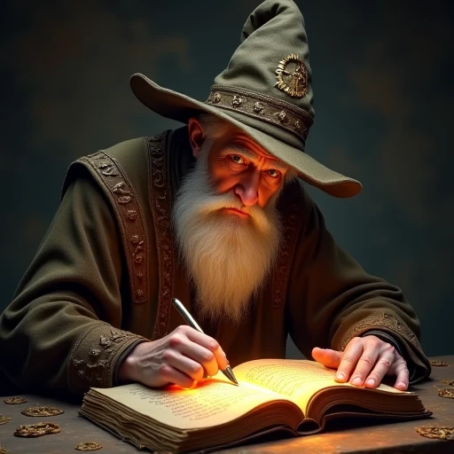 an image of a wizard of unseen university leaning over a glowing magical text which is covered in runes and mystical symbols on the subject of summoning dragons