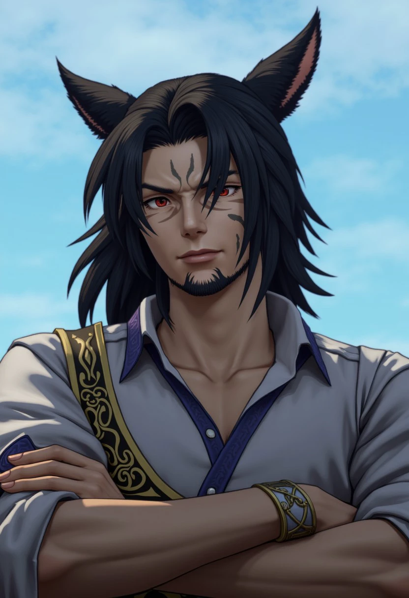 f4c32-miq0, 1boy, male focus, solo, solo focus, miqo'te, animal ears, scar, cat ears, red eyes, facial hair, crossed arms, long hair, facial mark, scar across eye, dark skin, scar on face, day, black hair, earrings, outdoors, sky, solo focus, jewelry, beard,  cinematic lighting, cinematic angle