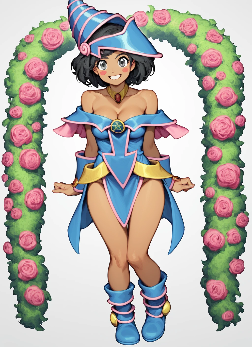 score_9, score_8_up, score_7_up, expressiveh, perfect face, perfect eyes, detailed face, detailed eyes,1girl,solo,debra miller,short hair,black hair,dark-skinned female,(grey eyes:1.3),wide hips,medium breasts,<lora:dark-magician-girl-cosplay-ponyxl-lora-nochekaiser:1>, dark magician girl cosplay, dark magician girl (cosplay), bare shoulders, blue footwear, blush, blush stickers, cleavage, collarbone, duel monster, hat, off shoulder, pentacle, wizard hat,flower garden,smile,standing,looking at viewer,happy,full body <lora:Debra_Miller_GrowGetterComics-000002:1.0> <lora:dark-magician-girl-cosplay-ponyxl-lora-nochekaiser:1.0>