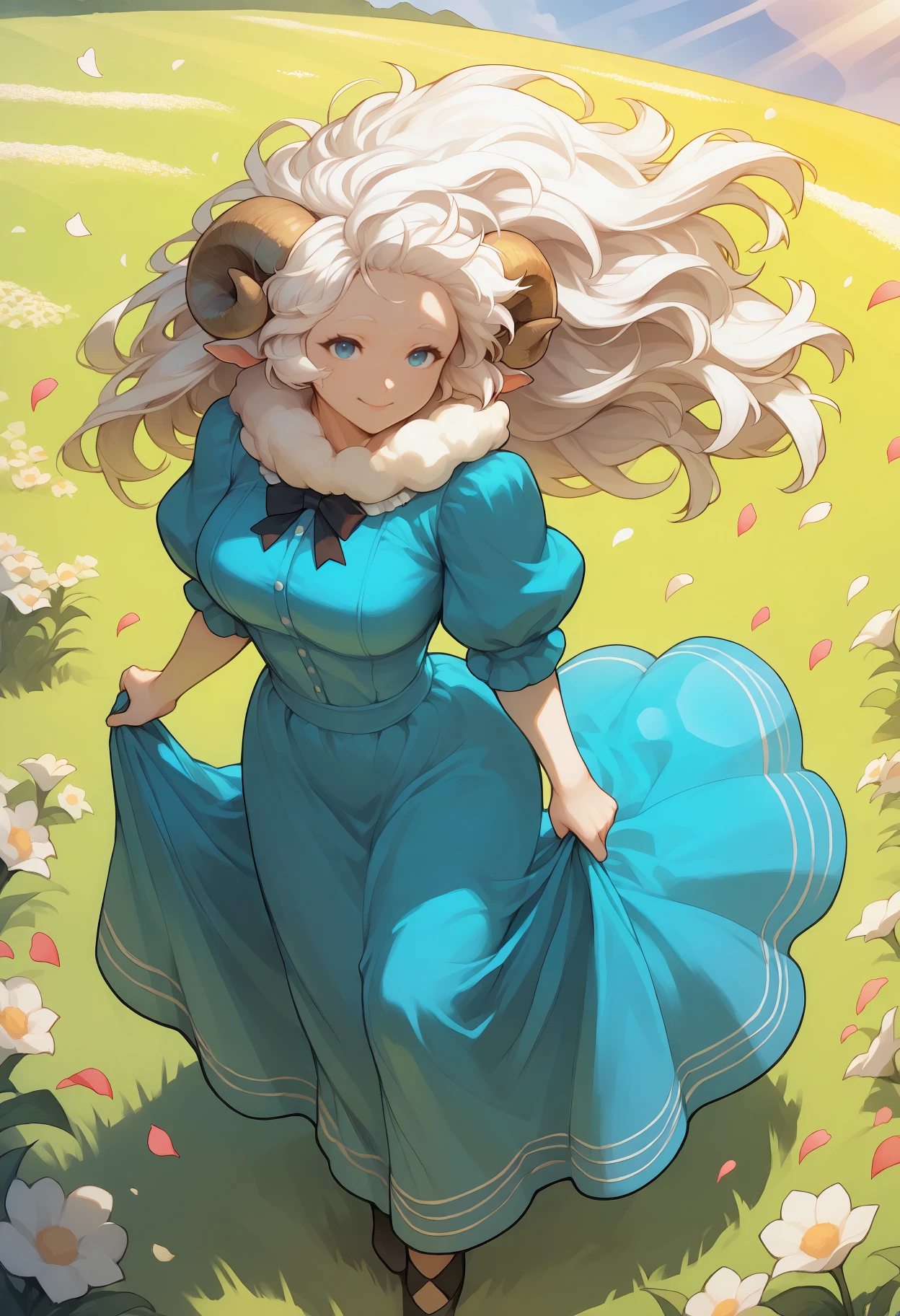 masterpiece, best quality, 1girl, toned,
sheep girl, sheep horns, blue eyes, long hair, white hair, mature female, milf,
neck tuft, blue dress, frills, puffy sleeves, ribbons, bowtie, dress grab,
looking at viewer, happy, dancing,
outdoors, field, flowers, grass, beautiful landscape, sunbeam, wind, floating hair, petals, lens flare, from above, dutch angle,