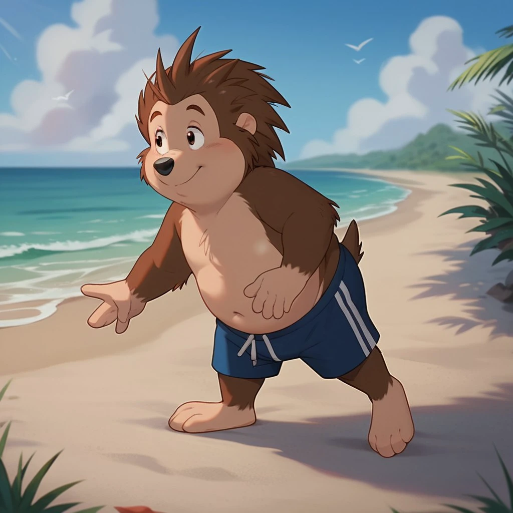 score_9, score_8_up, score_7_up, score_6_up, score_5_up, score_4_up, source_furry, Russellouaf, young anthro, male, hedgehog, brown fur, swim trunks, at the beach,  1boy, solo,   chubby, , <lora:14ff72e6-19d0-4965-b63c-2eedb2adc070:0.7>