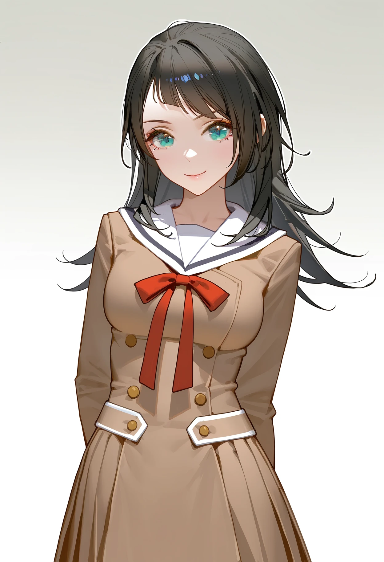 yahata umiri, 1girl, solo, standing, arms behind back, look at viewer, smile, grey background, school uniform, hanasakigawa school uniform, brown dress, long sleeves, red ribbon, [[double-breasted]], white sailor collar,  <lora:yahata_umiri_IlluXL-000009:0.9>, gradient background, medium breasts,, best quality, masterpiece, highres, very aesthetic,absurdres, ask_(askzy), (artist:wlop:0.5), [artist:ningen_mame], artist:ciloranko, [[artist:rhasta]], artist:tidsean, year 2023, year 2022, newest,