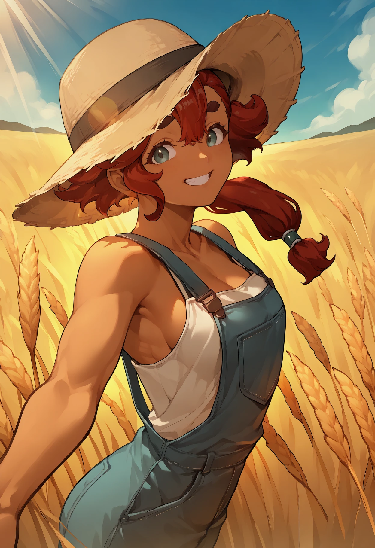 masterpiece, best quality, 1girl, toned,
suletta mercury, dark-skinned female,
straw hat, overalls,
slight smile, looking at the viewer, outstretched arms, happy, teeth, (half-closed eyes:0.8),
outdoors, wheat field, from side, sunbeam, lens flare, warm glow,