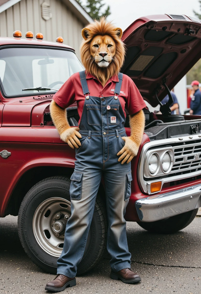 a skinny anthropomorphic furry lion-woman in a mechanic's overalls standing next to a truck with the hood open