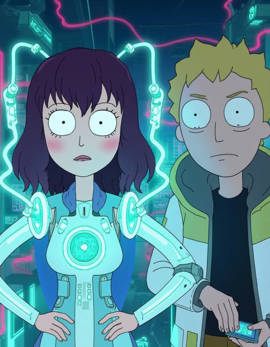 RickandMorty Style, 1girl, solo, looking at viewer, 1boy, jacket, male focus, science fiction, glowing, robot, science-inspired, cyberpunk