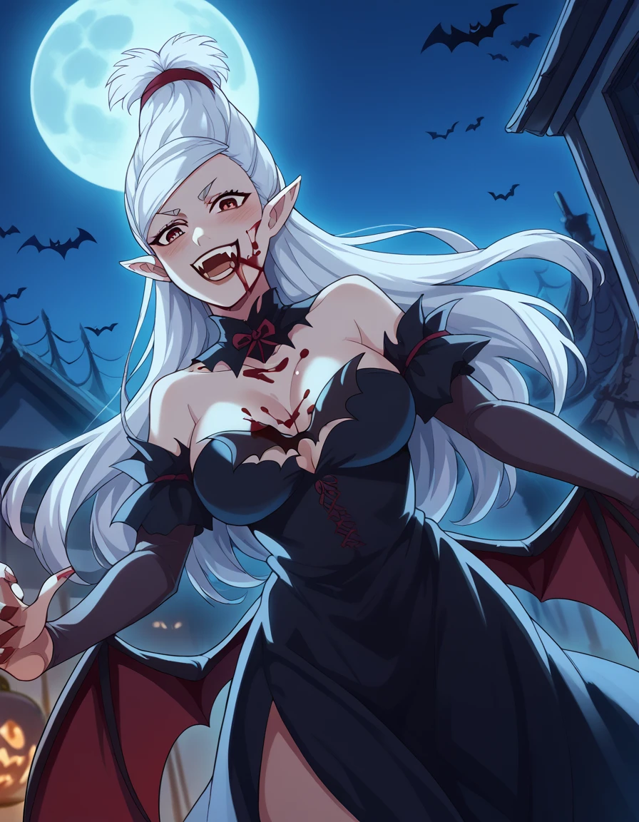 score_9, score_8_up, score_7_up, source_anime, <lora:seiko-ayase-alpha-ponyxl-lora-nochekaiser:1>, seiko ayase, long hair, large breasts, white hair, brown eyes,, <lora:vampire-ponyxl-lora-nochekaiser:1>, vampire, red eyes, pointy ears, fangs, black dress, wings, blood, blood on face, blood on mouth, bat (animal), halloween, halloween costume, upper teeth only, night, moon, blush, smile, open mouth, , dutch angle, cowboy shot