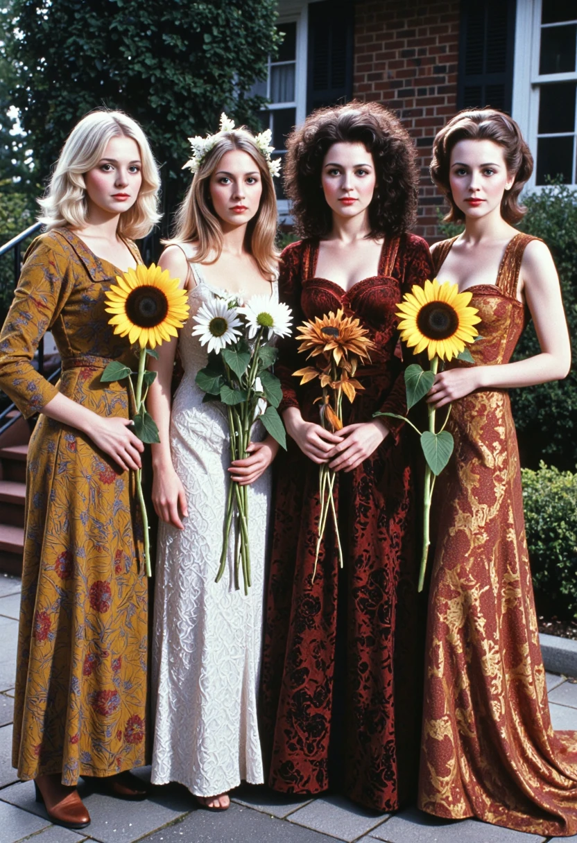 movie still from a 1970s horror movie, Four women representing the seasons, each dressed in richly detailed garments. They stand intertwined with the natural elements of their seasons spring blossoms, summer sunflowers, autumn leaves, and winter snowflakes.