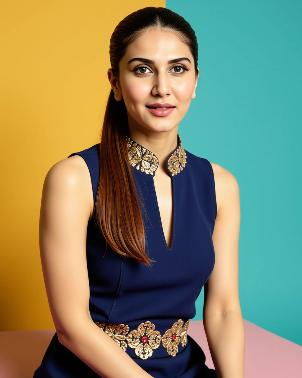 cowboy shot photo of Vaani Kapoor woman,candid photo with natural colors, shouting expression on face,studio quality, wearing intricate high neck elegant Navy Blue sleeveless Phulkari Suit, high ponytail, pastel shaded multicolored background, cinematic lighting<lora:TestBed\Vaani_Kapoor_Flux_Kohya_V1-000005.safetensors:1.0:1.0>