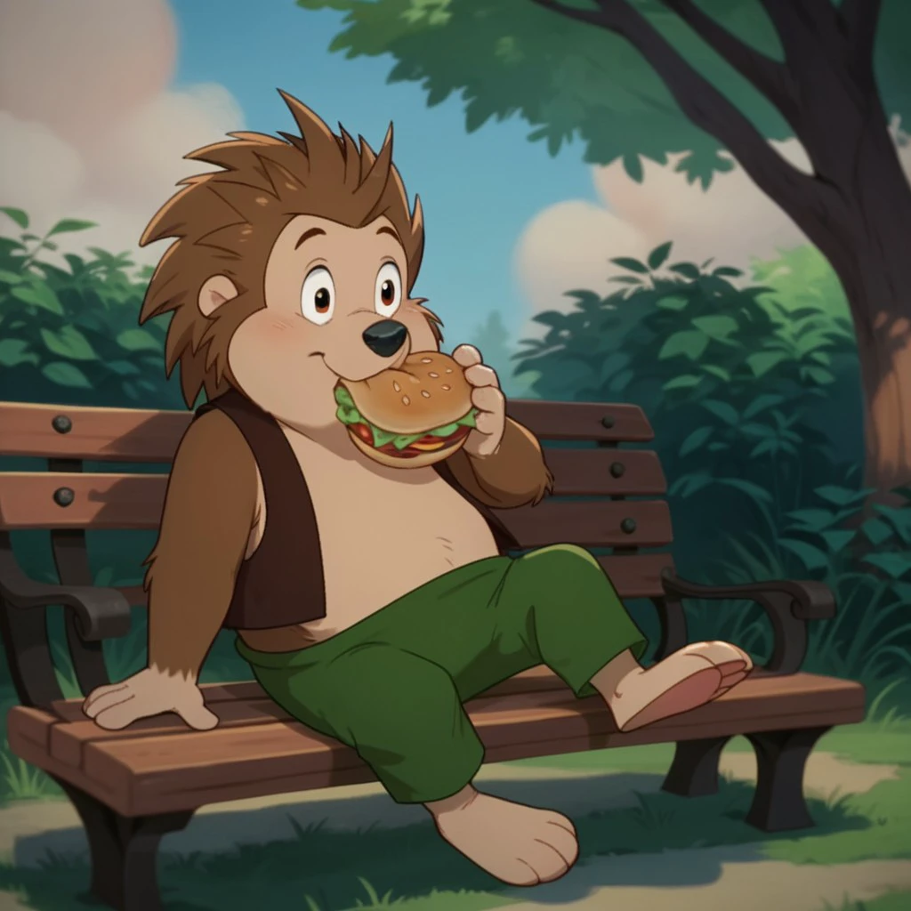 score_9, score_8_up, score_7_up, score_6_up, score_5_up, score_4_up, source_furry, Russellouaf, young anthro, male, hedgehog, brown fur, green pants,  brown vest,  1boy, solo,   sitting, park bench eating hamburger, <lora:14ff72e6-19d0-4965-b63c-2eedb2adc070:0.7>