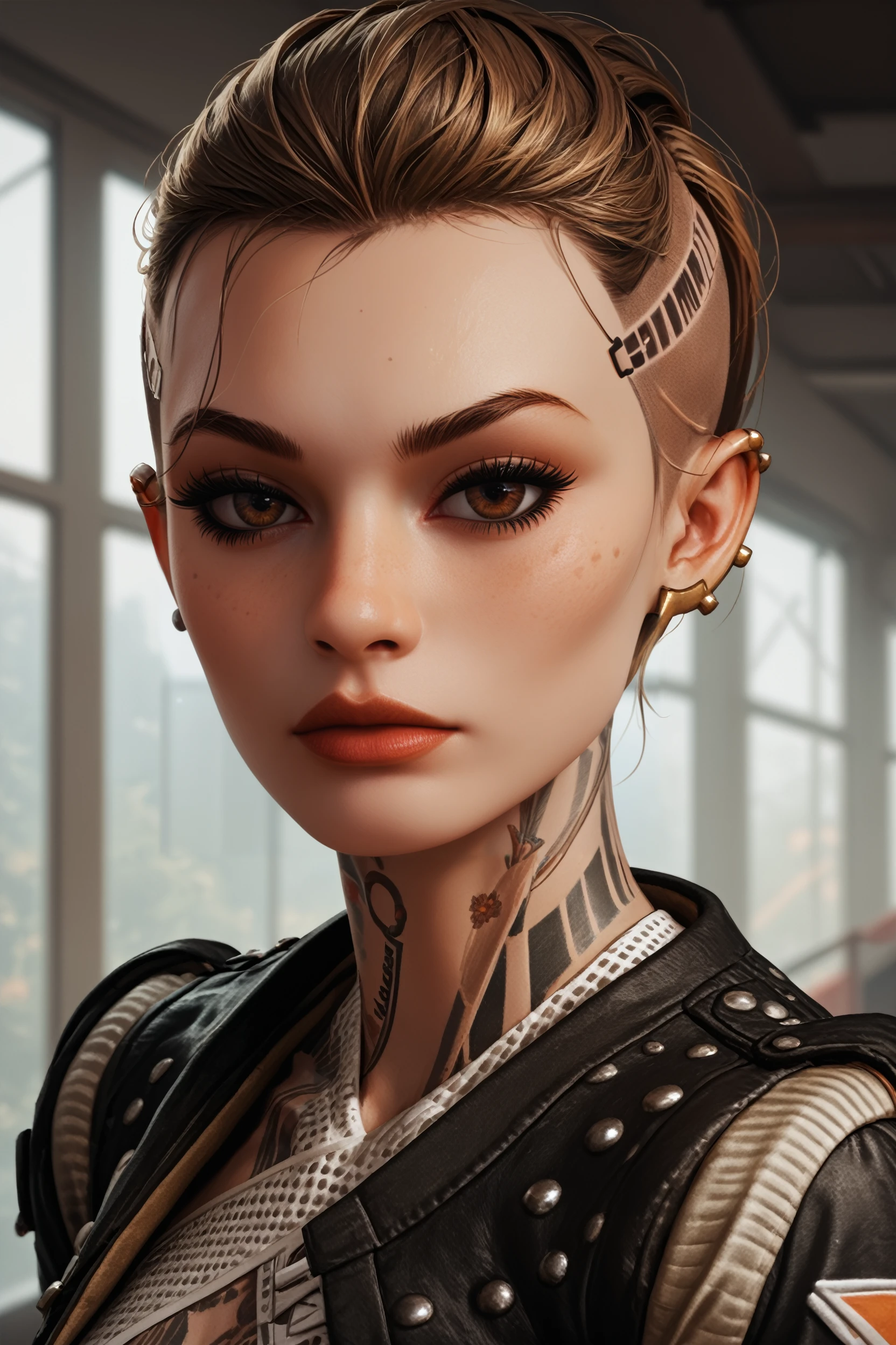 score_9, score_8_up, score_7_up,
<lora:MEJack:0.8>
MEJack, 1girl, brown hair, brown eyes, undercut, tattoo, looking at viewer, portrait