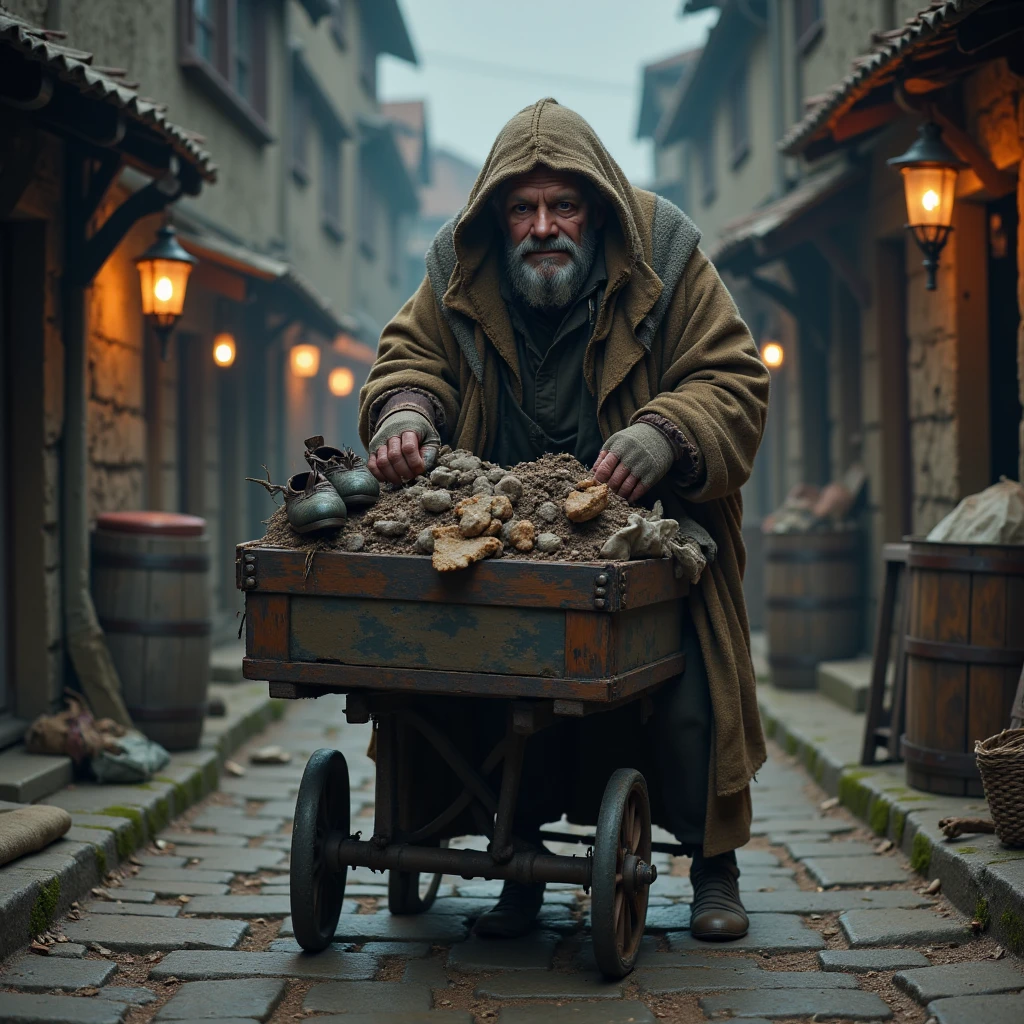 Imagine a photorealistic image of a hunched figure from the Beggar’s Guild, moving through a foggy, medieval street at night with a ramshackle wooden cart loaded with mysterious items: old shoes, tarnished metal scraps, and heaps of fabric. They are dressed in layers of patched and mismatched clothing, with fingerless gloves and a sagging hat that barely hides their piercing, observant gaze. The scene is dimly lit by a few scattered lanterns, casting eerie shadows as they maneuver the cart through the empty, cobblestone street.